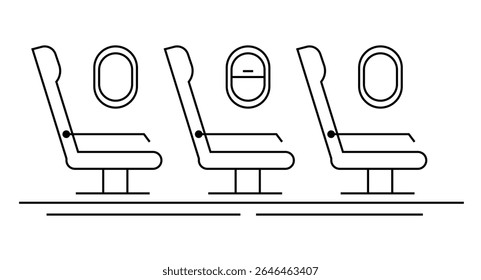 Row of Seats Inside a Passenger Airplane Line Art Isolated on White. Aviation and transportation means concept vector art