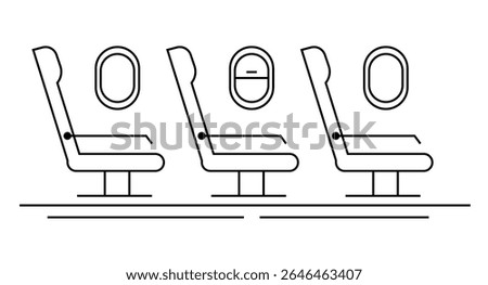 Row of Seats Inside a Passenger Airplane Line Art Isolated on White. Aviation and transportation means concept vector art