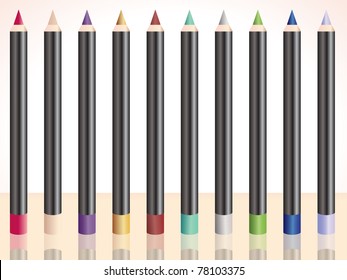 A row and selection or set of ten make up pencils in red, beige, purple, orange, brown, turquoise, grey, green, blue and silver, with reflection