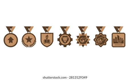 Row of seven unique bronze medals with various symbols like stars, lions, and globes celebrate different levels of achievement.