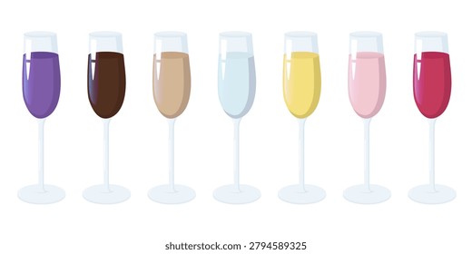 Row of seven wine glasses filled with liquids in different vibrant colors including purple, brown, beige, blue, yellow, pink, and red, elegant drinkware illustration on white background