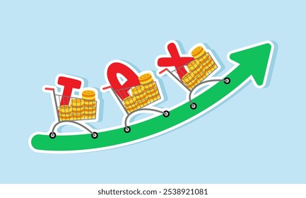Una fila de Carritos de compras llenos de pilas de monedas y la palabra TAX subiendo un creciente gráfico verde, ilustrando la relación entre mayores ganancias e ingresos con mayores impuestos
