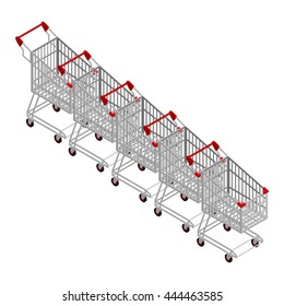 Row of shopping carts. a lot of sh purchasing of goods from stores, trolley isometrics
