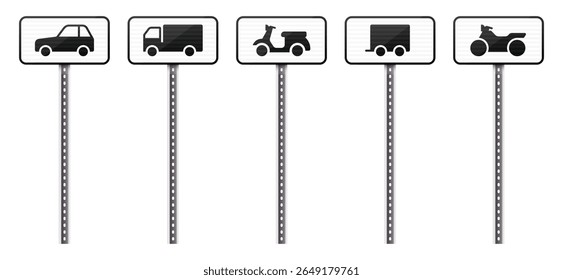 A row of signs shows different forms of transportation including a car, a truck, a moped, a trailer, and an ATV. The black icons are on a white background.