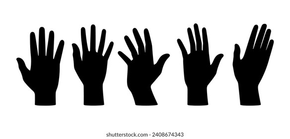 A row of silhouettes of raised hands with outstretched fingers, black icons on a white background.