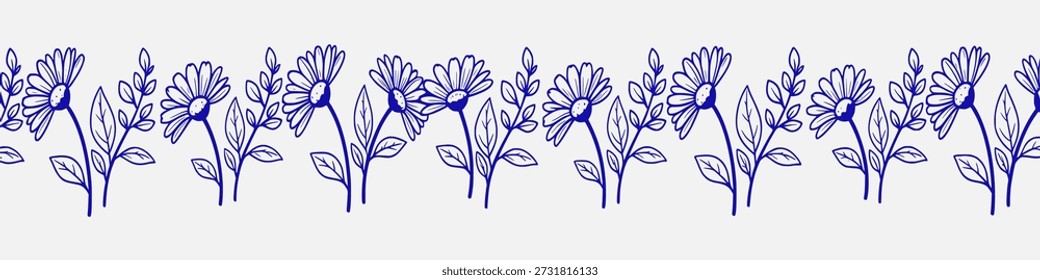 Uma fileira de flores e folhas azuis simples e desenhadas à mão sobre um fundo branco, criando uma borda decorativa.