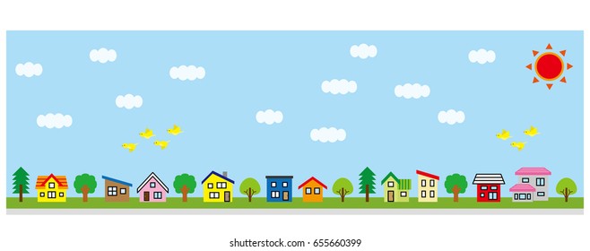 row of a simple house and tree - lateral length and color - sky and bird