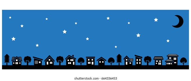 row of a simple house and tree - lateral length and silhouette - stars and moon