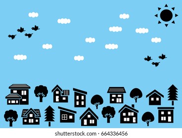 row of a simple house and tree - silhouette - sky and bird