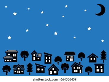 row of a simple house and tree - silhouette - stars and moon