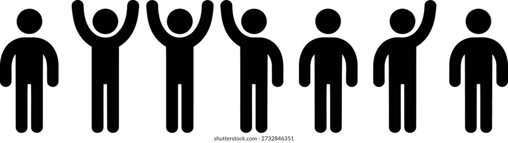 A row of six black stick figures, each raising one or both arms, symbolizing actions like voting, asking a question, or general celebration.