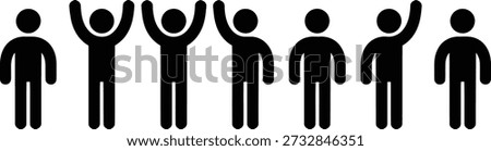 A row of six black stick figures, each raising one or both arms, symbolizing actions like voting, asking a question, or general celebration.