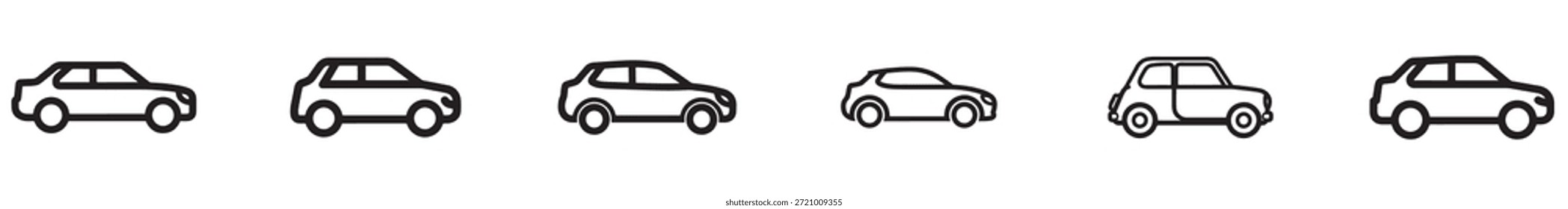 Una fila de seis siluetas de coche diferentes en varios estilos y diseños sobre un fondo blanco liso