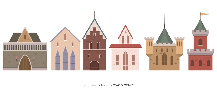 Row of six different medieval-style buildings including churches and castles in a flat art style. Ideal for history, architecture, education, children s books, art, and design themes. Simple, clean