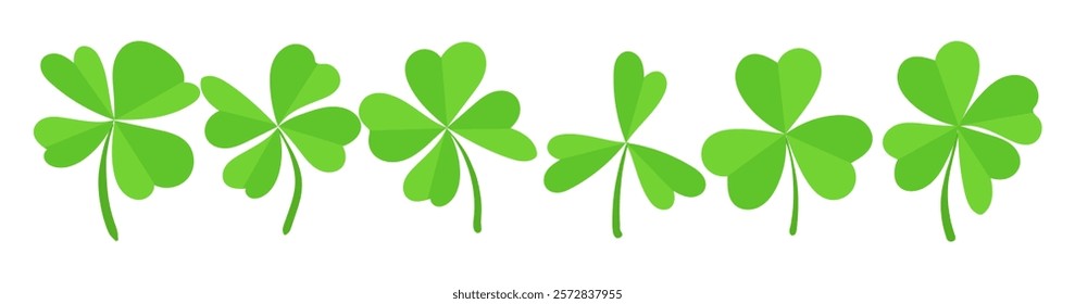 Row of six green shamrocks with heart-shaped leaves isolated on a white background. Flat illustration design. St. Patricks Day celebration and Irish luck concept