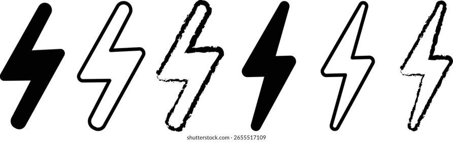 A row of six hand-drawn lightning bolt icons, alternating between solid black and outlined, isolated on a white background.