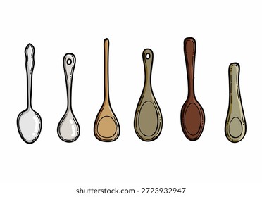 Una fila de seis cucharas ilustradas en diferentes acabados y tamaños, que van desde el metal a la madera y tonos cerámicos. Ideal para recetas, tutoriales de cocina, diseño de cocinas o colecciones de arte culinario.