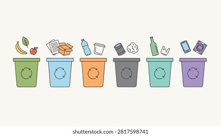 Row of six recycling containers labeled for food waste, paper, plastic, metal, glass, and electronic waste with simple vector icons.