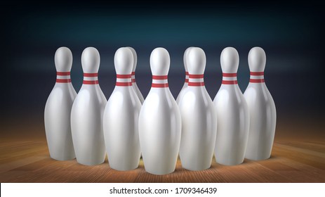 A row of skittles close-up in a bowling alley on a wooden floor with a blurry background