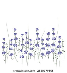 A row of small purple wildflowers, vector illustration, white background, minimalist style, flat design, simple details, simple lines, delicate textures and colors, natural elements.