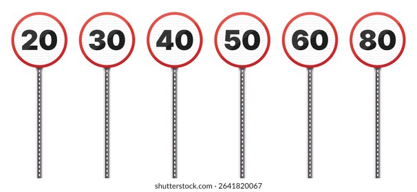 A row of speed limit signs, ranging from 20 to 80, stands against a white background. Each circular sign has a red border and displays a numerical speed limit.