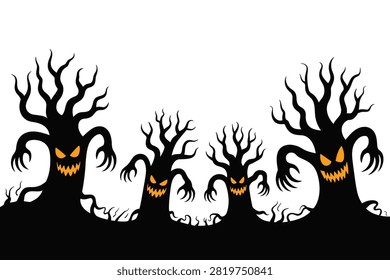 Row of spooky, dead trees with gnarled branches and glowing orange eyes, menacing halloween forest, dark silhouette, eerie atmosphere.