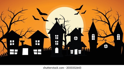 Row of Spooky House, With Spooky Tree and Bat Halloween Background