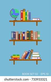 Row and stack books shelves set with globe. vector illustration. isolated