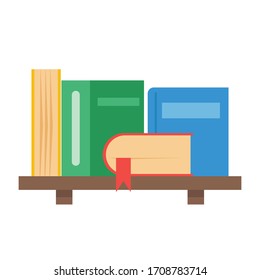 Row and stack of colorful books on shelf, vector illustration white background