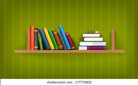 Row and stack of colorful books on shelf, vector illustration background