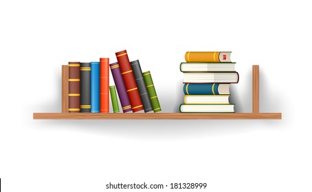 Row and stack of colorful books on shelf, vector illustration white background