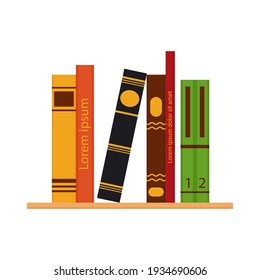 Row and stack of colorful books on shelf. Vector illustration