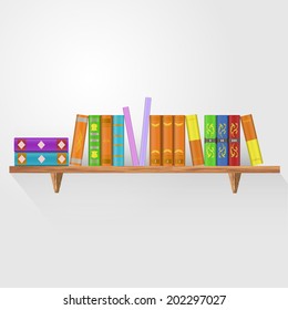 Row and stack of colorful books on shelf, vector illustration white background 