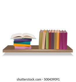 Row and stack of colorful books on shelf, vector illustration white background

