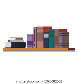 Row and stack of different colorful books on wooden shelf isolated on white background. Vector flat style illustration. Library interior.