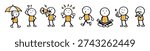 row of stick figures with umbrella megaphone meditating and walking in sequence