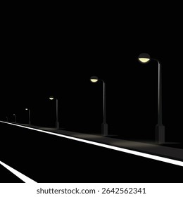 A row of street lamps with glowing lights along a road at night, creating a sense of depth.