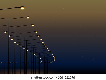 Row of street lights and sky with stars - vector illustration