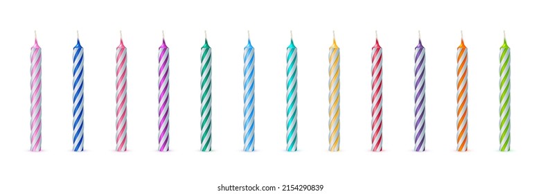 Row of striped swirl candles with different colors vector illustration. 3d realistic decoration for anniversary cake or cupcake, round candles for happy celebration isolated on white background