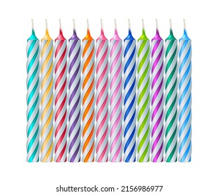 Fila de velas giratorias con diferentes colores de ilustración vectorial. 3 decoración realista para pastel de aniversario o bizcocho, velas redondas para la celebración feliz aisladas en fondo blanco