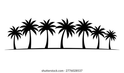 Row of stylized black palm tree silhouettes isolated on a transparent background for tropical beach landscape designs ideal for travel promotions summer vacation marketing material exotic scenery or creative environmental graphic elements.