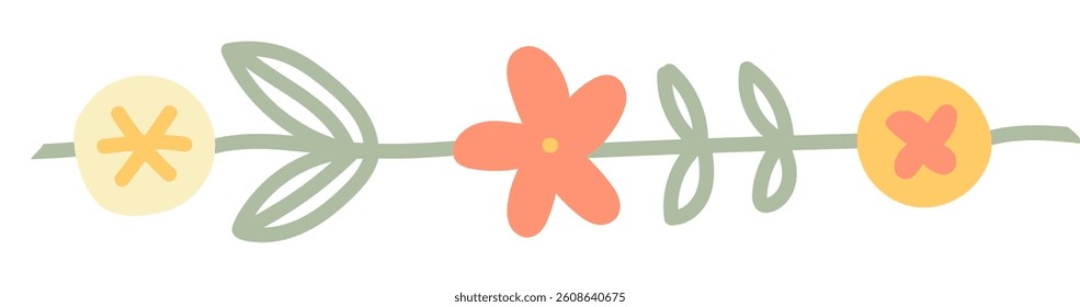A row of stylized flowers and leaves in a minimalist art style. Simplified floral elements form a decorative horizontal line. Cartoon vector illustration.
