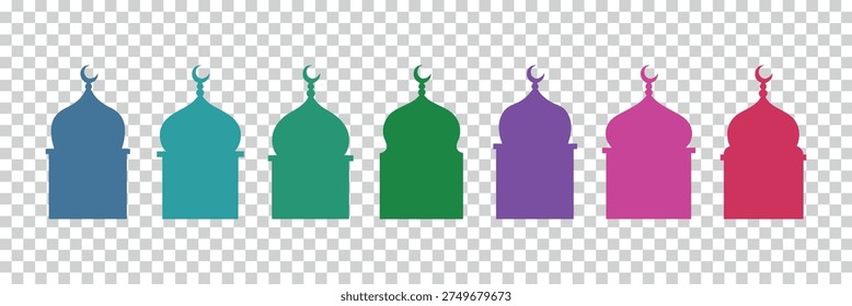 A row of stylized mosque domes each topped with a crescent moon symbol presented in a spectrum of vibrant colors