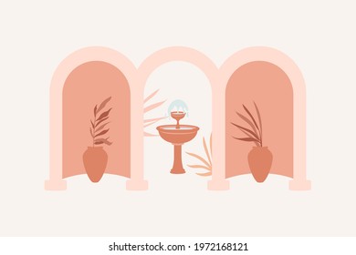 Row with symmetrical arches. Small fountain in the courtyard, vases with palm leaves in the niches of the arch construction. Abstract illustration in trendy minimal style. Terra cotta colors.