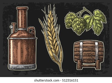 Row of tanks, hop branch with leaf, ear of barley and wooden barrel. For poster production process brewery beer. Isolated on dark background. Vintage color vector engraving illustration