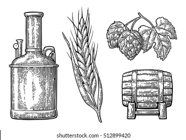 Row of tanks, hop branch with leaf, ear of barley and wooden barrel. For poster production process brewery beer. Isolated on white background. Vintage vector engraving illustration
