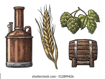 Row of tanks, hop branch with leaf, ear of barley and wooden barrel. For poster production process brewery beer. Isolated on white background. Vintage color vector engraving illustration