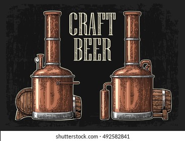 Row of tanks and wooden barrel in brewery beer. Isolated on white background. Vintage color vector engraving illustration for web, poster, label, invitation to oktoberfest festival and party.