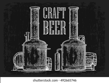 Row of tanks and wooden barrel in brewery beer. Isolated on white background. Vintage black vector engraving illustration for web, poster, label, invitation to oktoberfest festival and party.