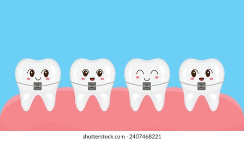 A row of teeth with braces. Orthodontics. Alignment of teeth with braces. Vector illustration in cartoon style. Kawaii mascot collection for medical apps, websites and hospital. Oral healthy.